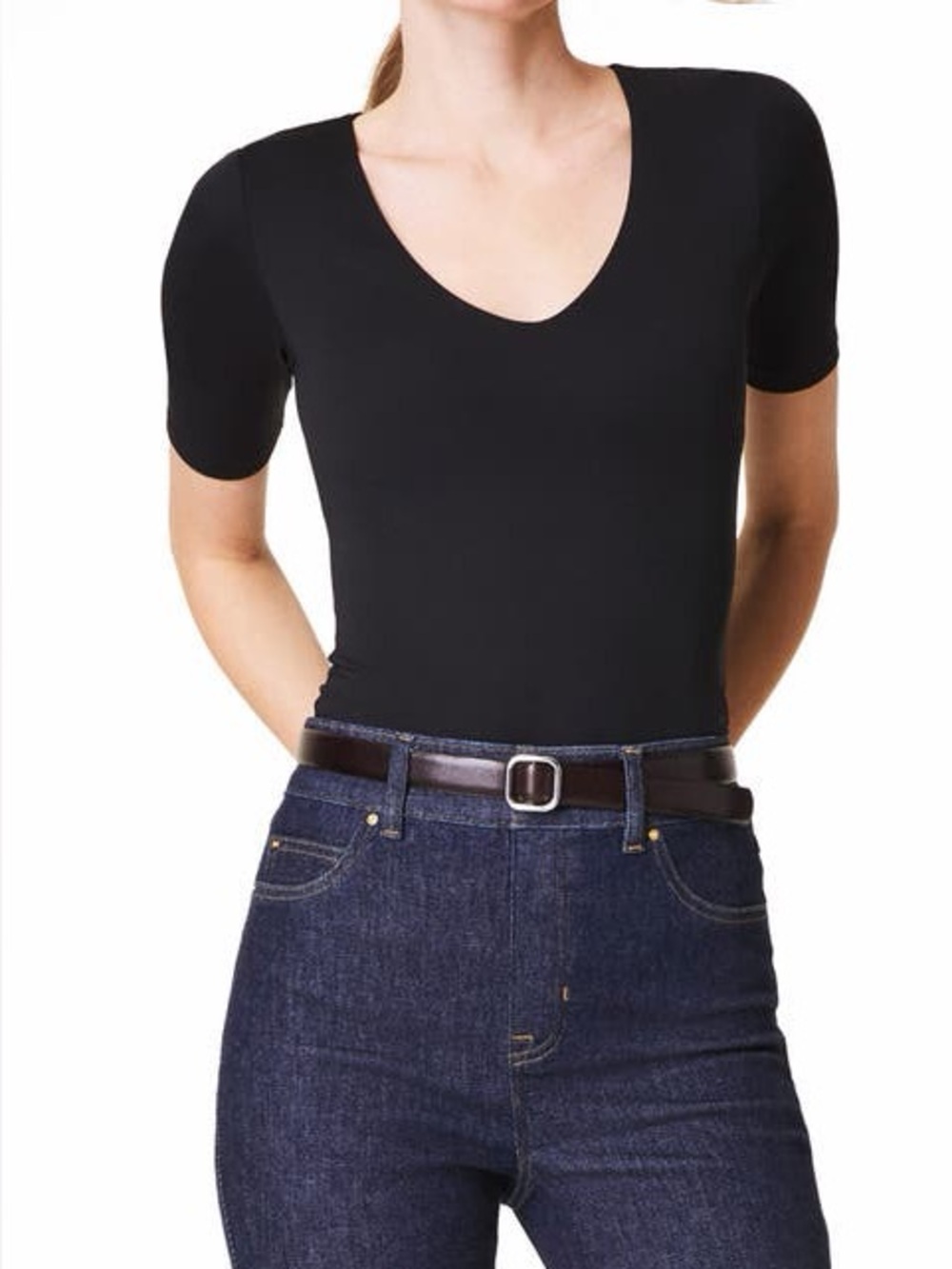 SPANX Black V-Neck Short Sleeve Shaping Top Womenโs Size Small